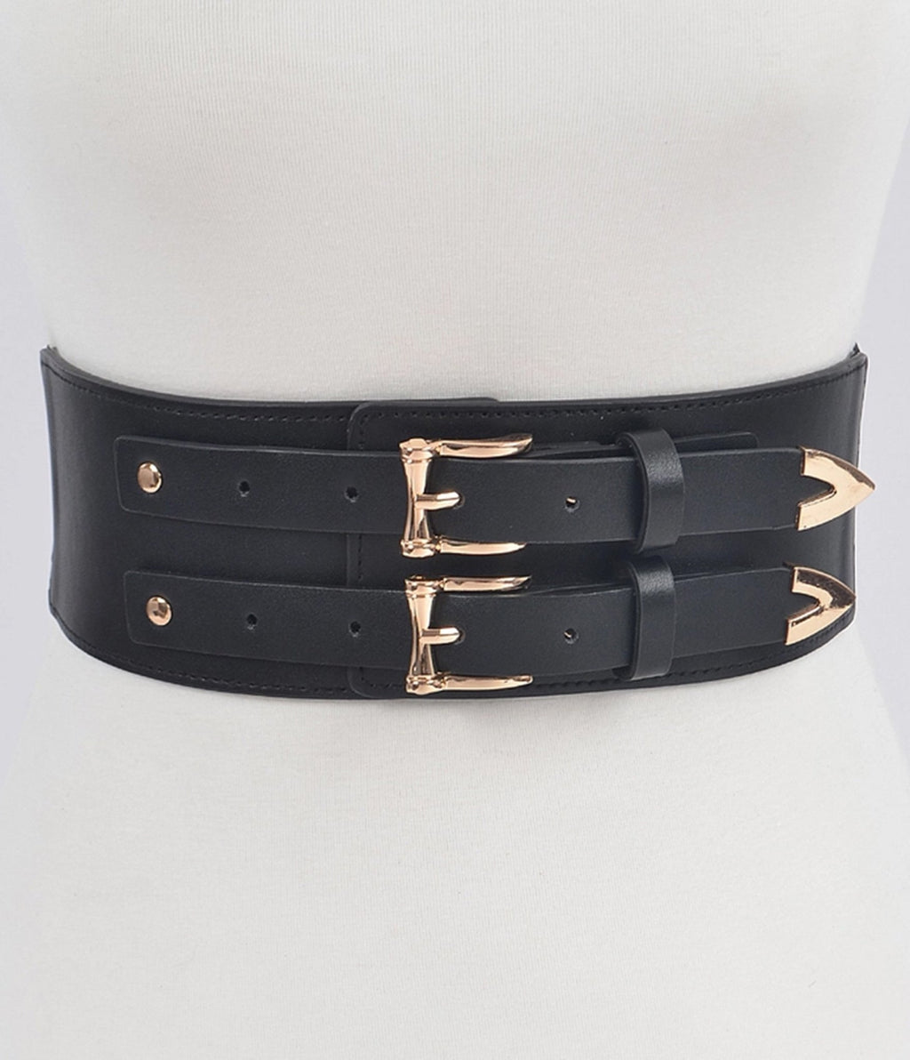 Plus Size Black Faux Leather Double Buckle Belt - Unique Vintage - Womens, ACCESSORIES, BELTS
