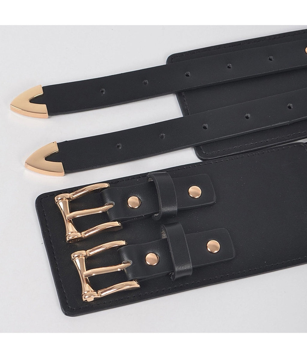 Plus Size Black Faux Leather Double Buckle Belt - Unique Vintage - Womens, ACCESSORIES, BELTS