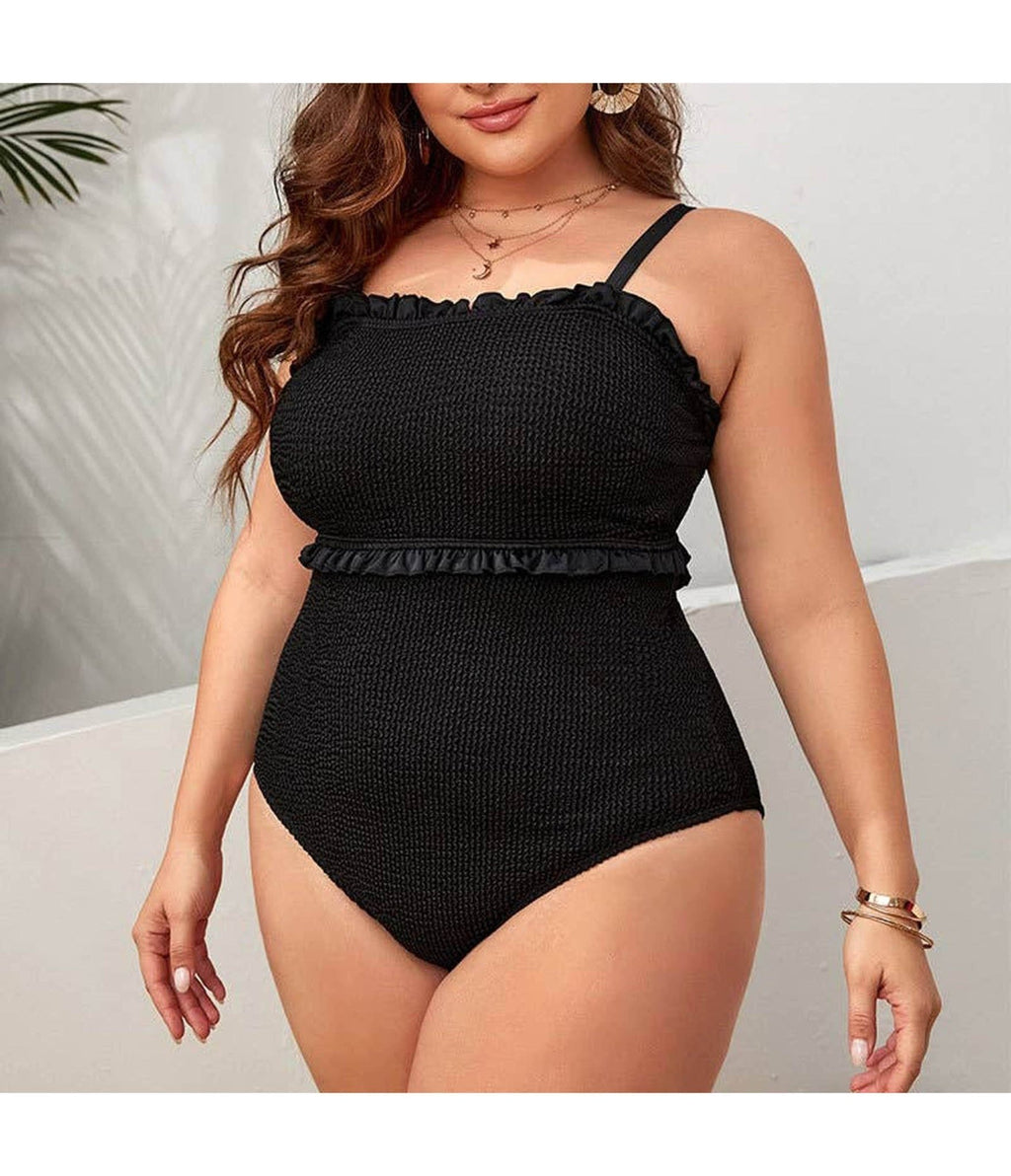 Plus Size Black Frill Accent One Piece Swimsuit - Unique Vintage - Womens, SWIM, 1 PC
