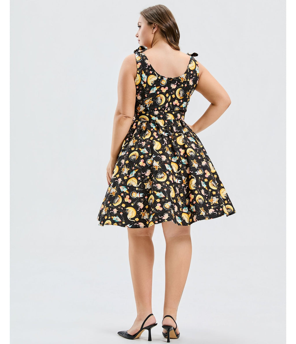 Plus Size Black Meowgical Galaxy Swing Dress - Unique Vintage - Womens, DRESSES, SWING
