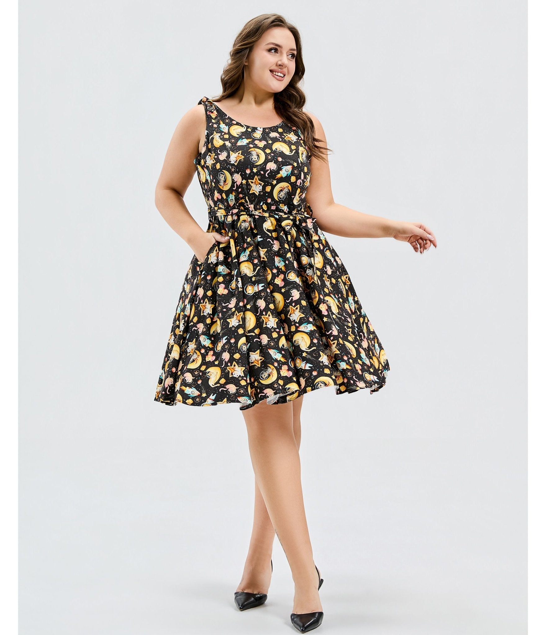 Plus Size Black Meowgical Galaxy Swing Dress - Unique Vintage - Womens, DRESSES, SWING
