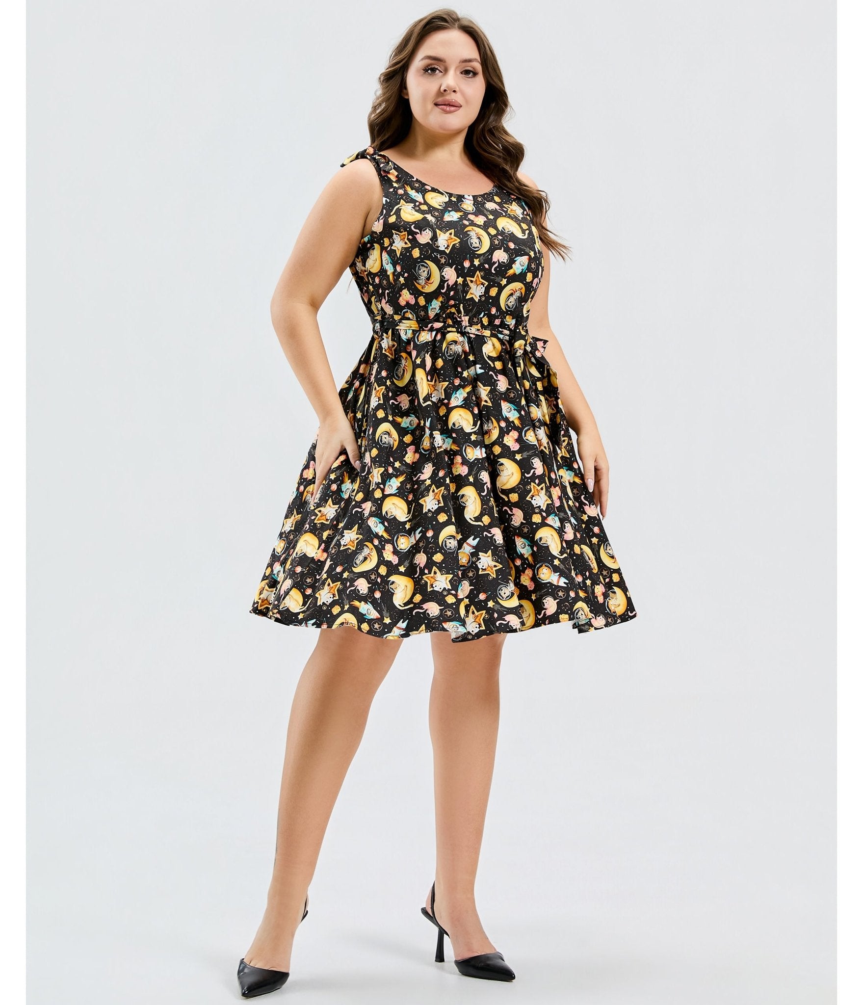 Plus Size Black Meowgical Galaxy Swing Dress - Unique Vintage - Womens, DRESSES, SWING