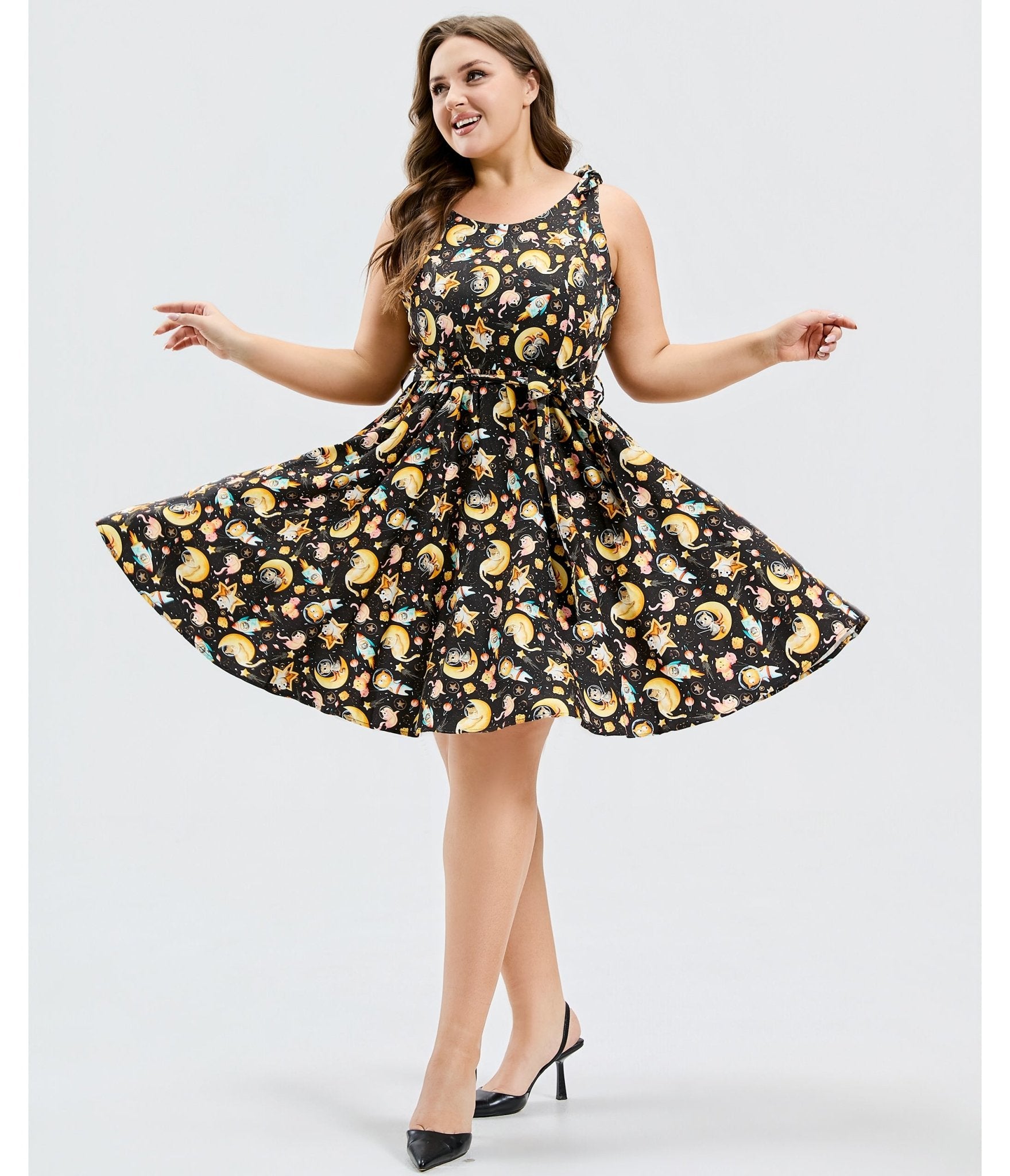 Plus Size Black Meowgical Galaxy Swing Dress - Unique Vintage - Womens, DRESSES, SWING