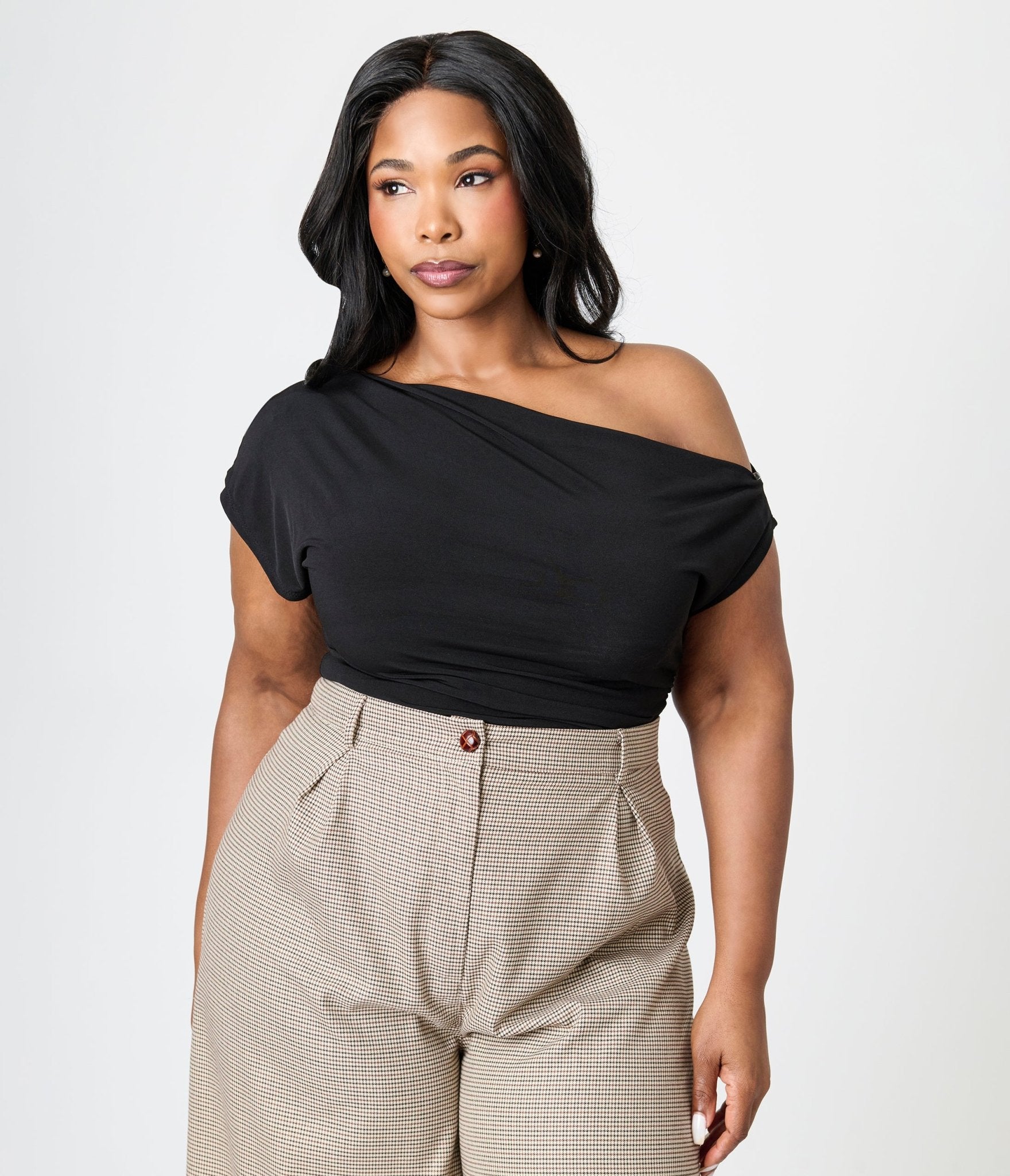 Plus Size Black Off The Shoulder Ruched Top - Unique Vintage - Womens, TOPS, WOVEN TOPS