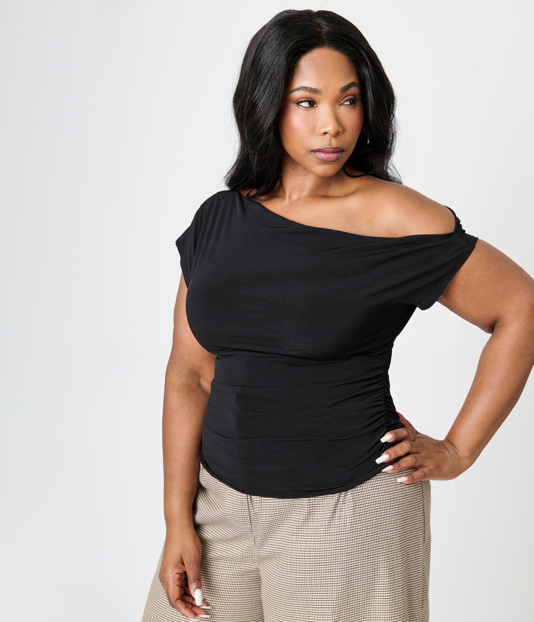 Plus Size Black Off The Shoulder Ruched Top - Unique Vintage - Womens, TOPS, WOVEN TOPS