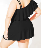 Plus Size Black One Shoulder Ruffle Swimdress - Unique Vintage - Womens, SWIM, 1 PC