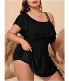 Plus Size Black One Shoulder Ruffle Swimdress - Unique Vintage - Womens, SWIM, 1 PC
