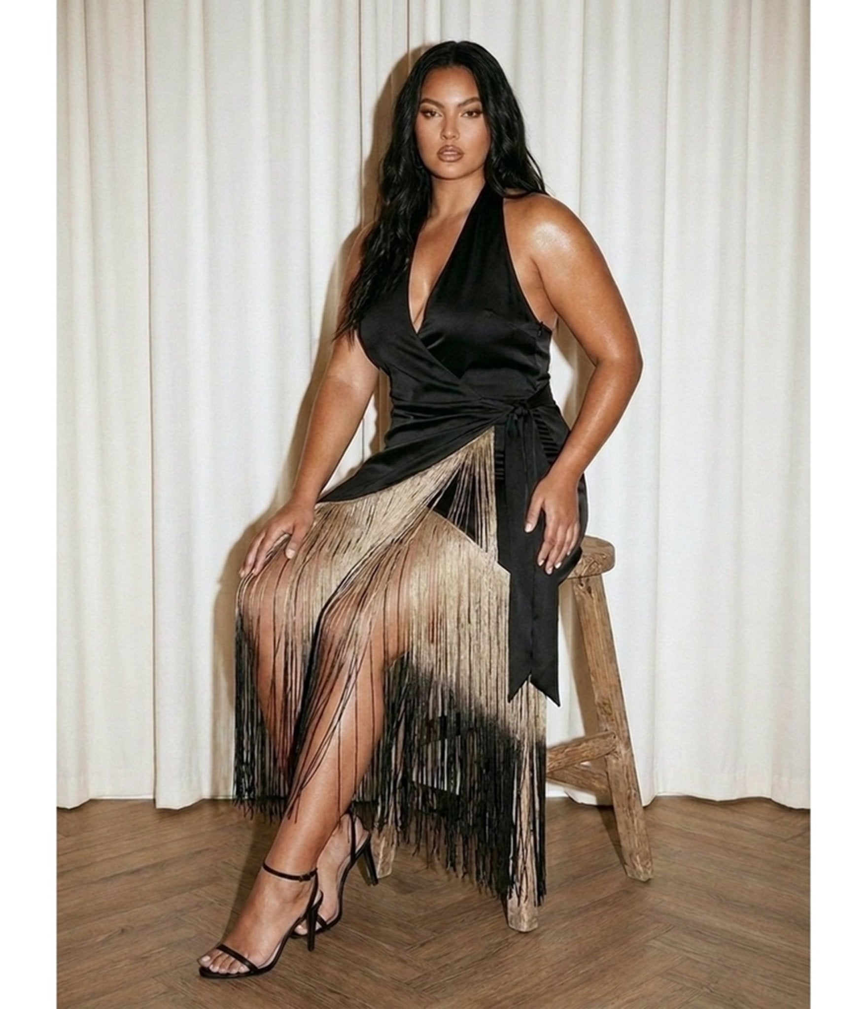 Plus Size Black Satin Halter Fringe Wrap Dress - Unique Vintage - Womens, DRESSES, MAXI