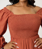 Plus Size Brown Smocked Midi Dress - Unique Vintage - Womens, DRESSES, MIDI