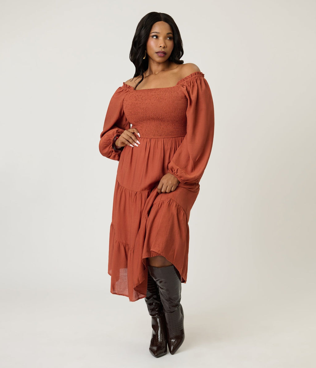 Plus Size Brown Smocked Midi Dress - Unique Vintage - Womens, DRESSES, MIDI