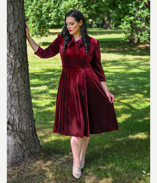 Plus Size Burgundy Velvet Sylvie Swing Dress  Unique Vintage