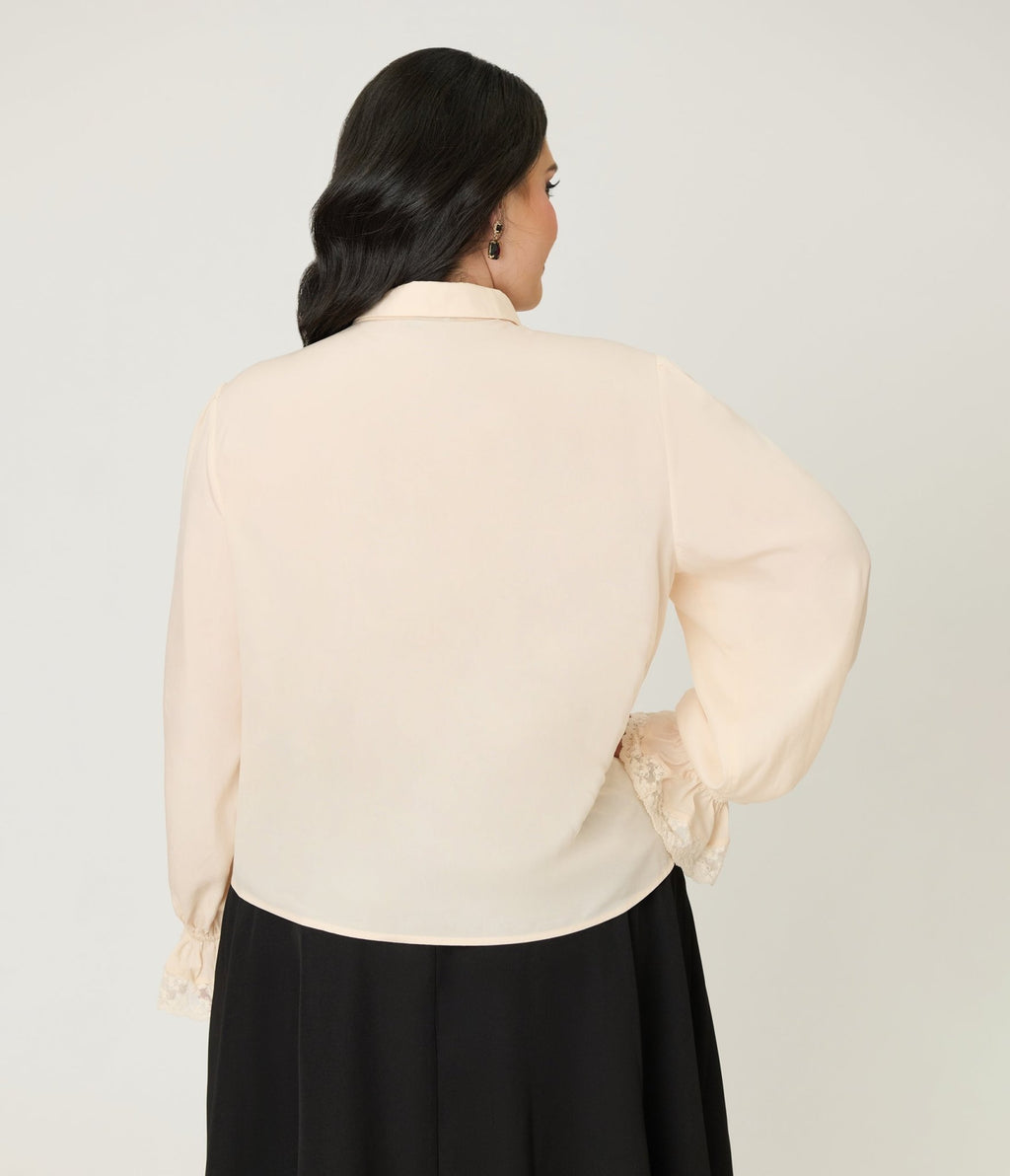 Plus Size Cream Willow Bow Blouse - Unique Vintage - Womens, TOPS, KNIT TOPS