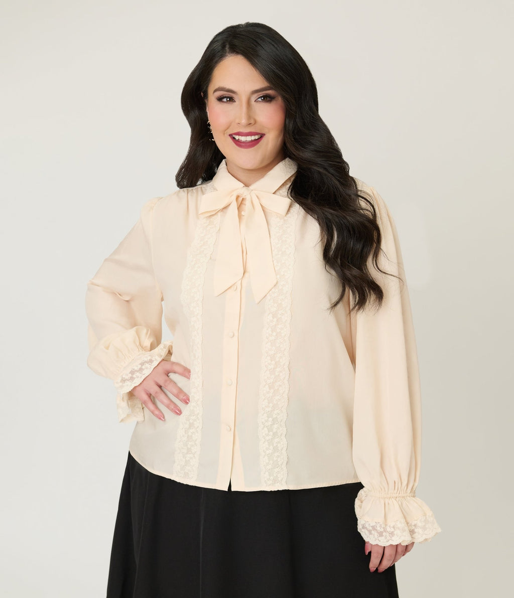 Plus Size Cream Willow Bow Blouse - Unique Vintage - Womens, TOPS, KNIT TOPS