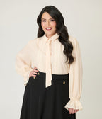 Plus Size Cream Willow Bow Blouse - Unique Vintage - Womens, TOPS, KNIT TOPS