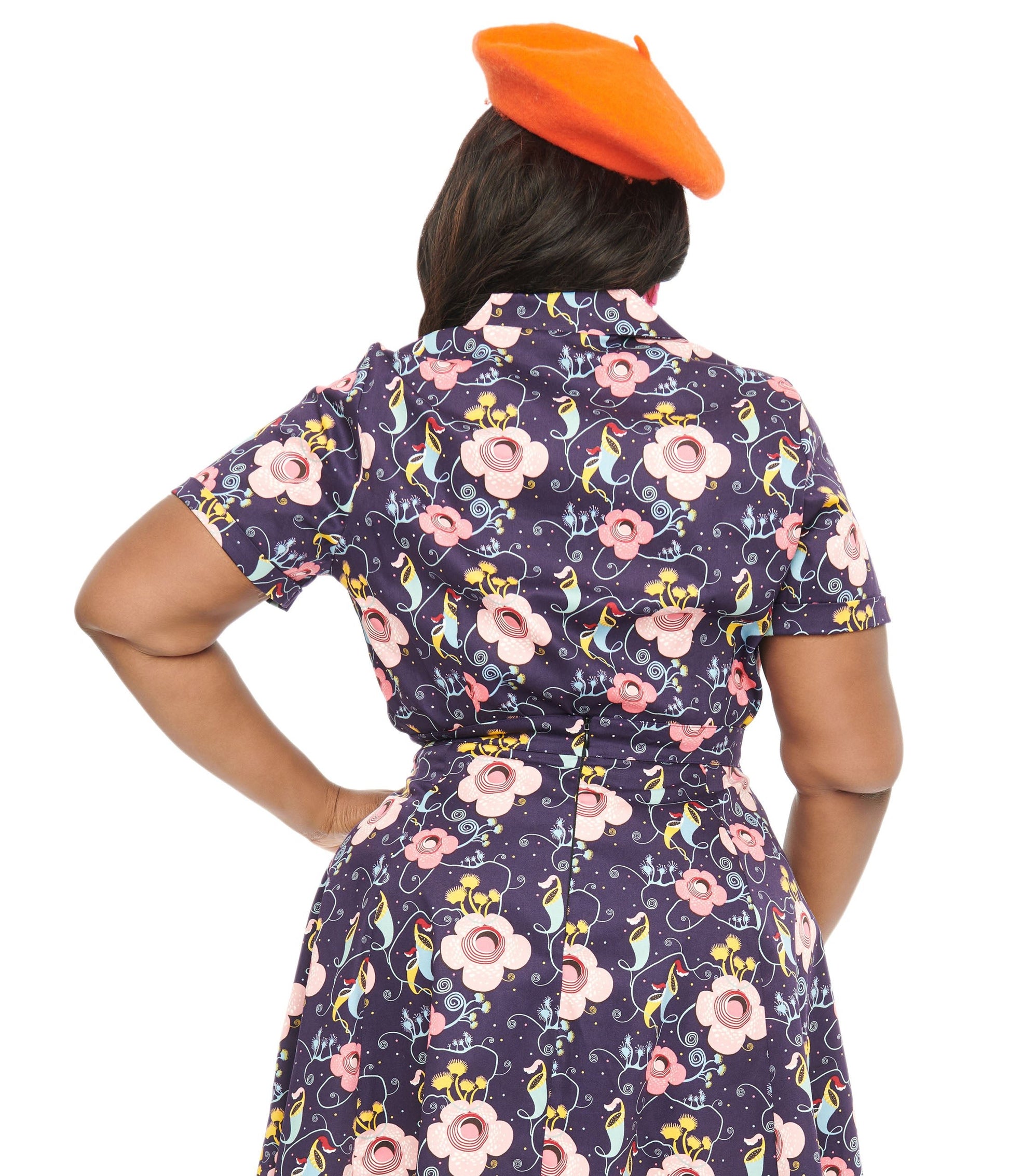 Plus Size Dark Blue Carnivorous Plants Print Collared Top - Unique Vintage - Womens, TOPS, WOVEN TOPS