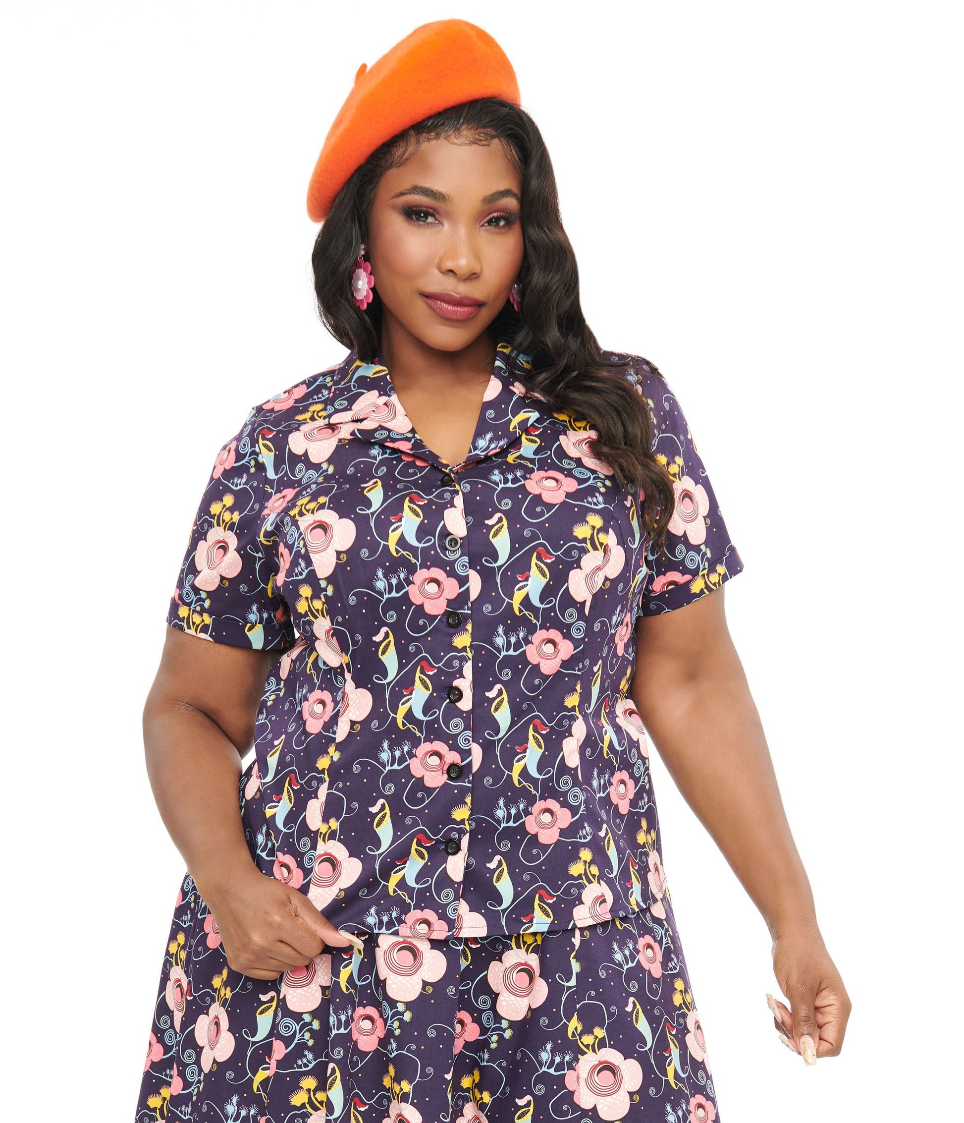 Plus Size Dark Blue Carnivorous Plants Print Collared Top - Unique Vintage - Womens, TOPS, WOVEN TOPS