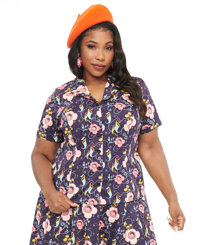 Plus Size Dark Blue Carnivorous Plants Print Collared Top - Unique Vintage - Womens, TOPS, WOVEN TOPS