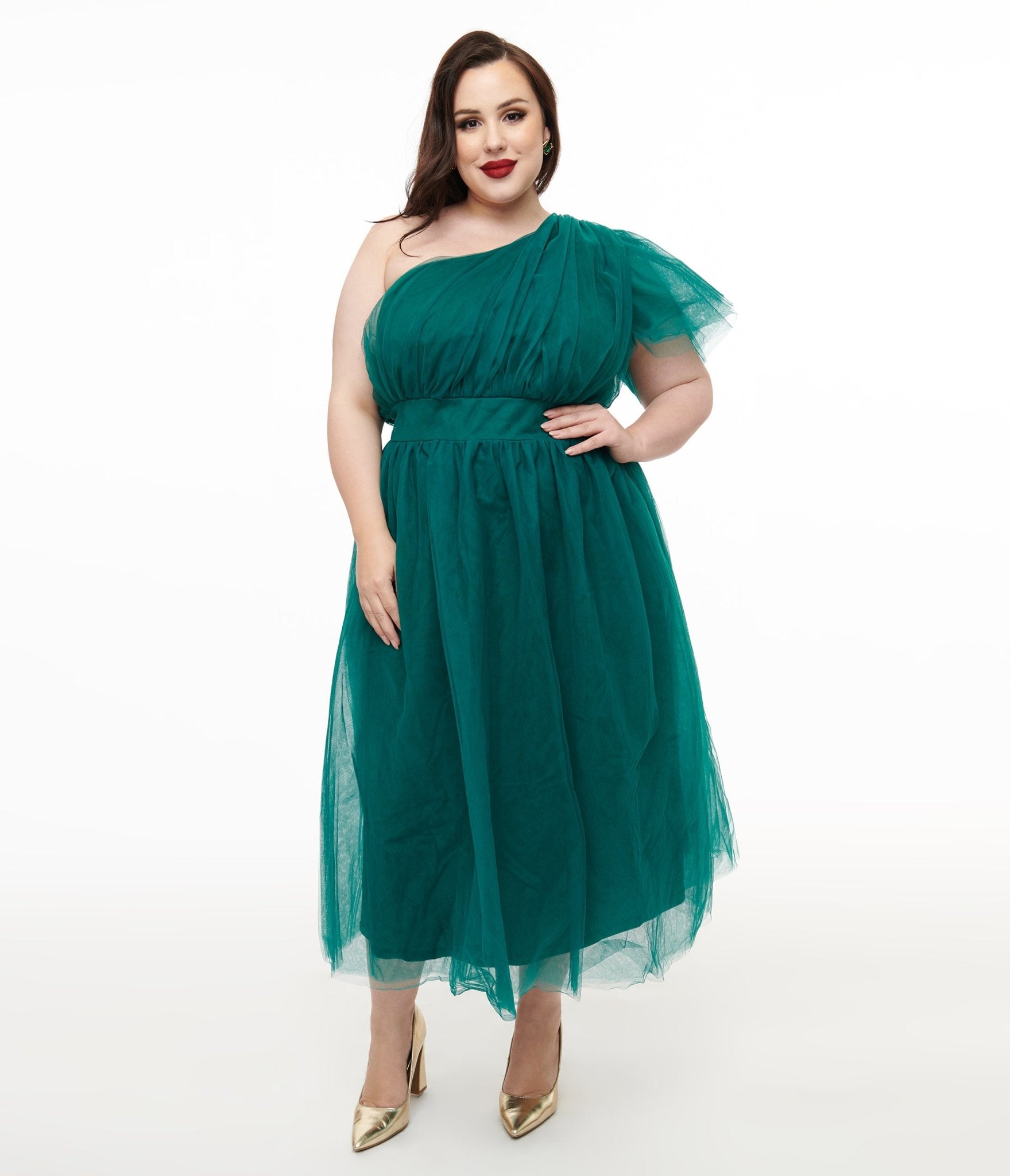 Plus Size Emerald Tulle Lively Charm Midi Dress - Unique Vintage - Womens, DRESSES, MIDI