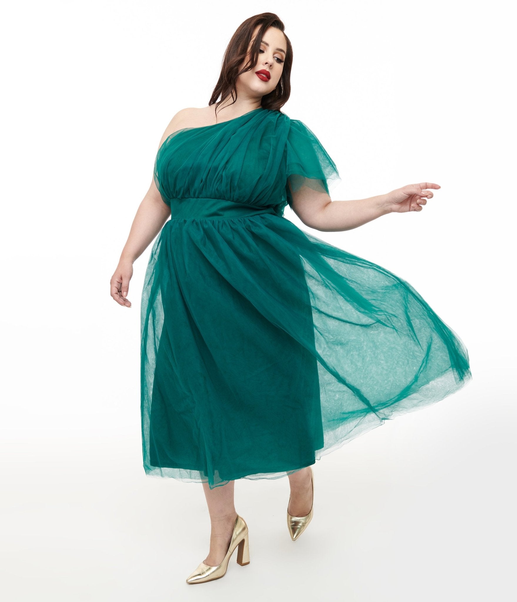 Plus Size Emerald Tulle Lively Charm Midi Dress - Unique Vintage - Womens, DRESSES, MIDI