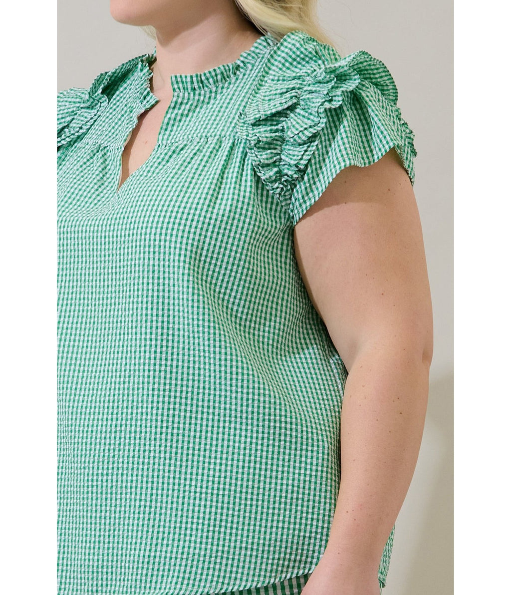 Plus Size Green Gingham Ruffle Tamara Top - Unique Vintage - Womens, TOPS, SHIRTS
