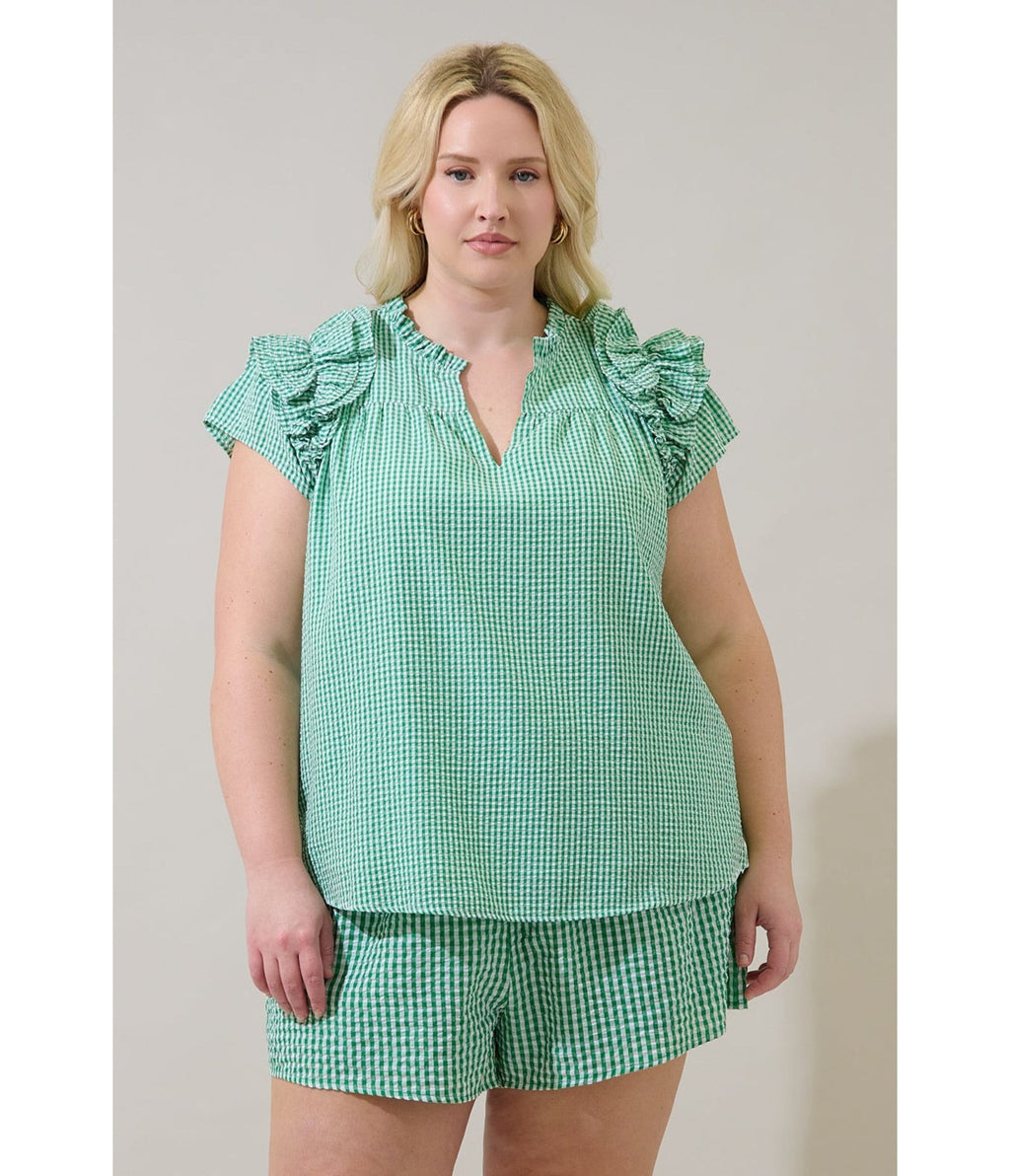 Plus Size Green Gingham Ruffle Tamara Top - Unique Vintage - Womens, TOPS, SHIRTS