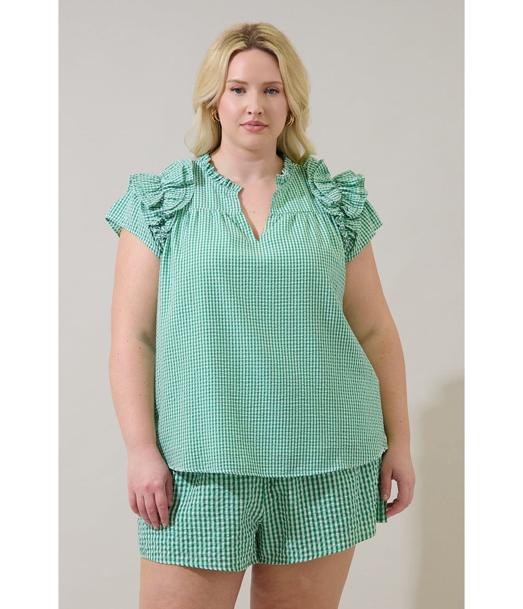 Plus Size Green Gingham Ruffle Tamara Top - Unique Vintage - Womens, TOPS, SHIRTS