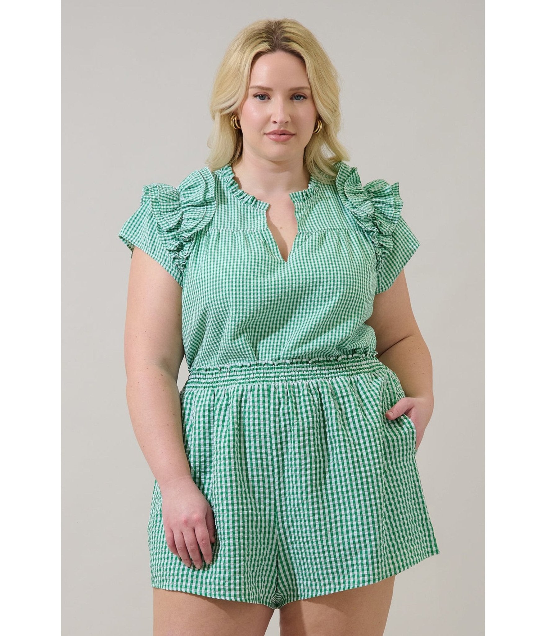 Plus Size Green Gingham Ruffle Tamara Top - Unique Vintage - Womens, TOPS, SHIRTS