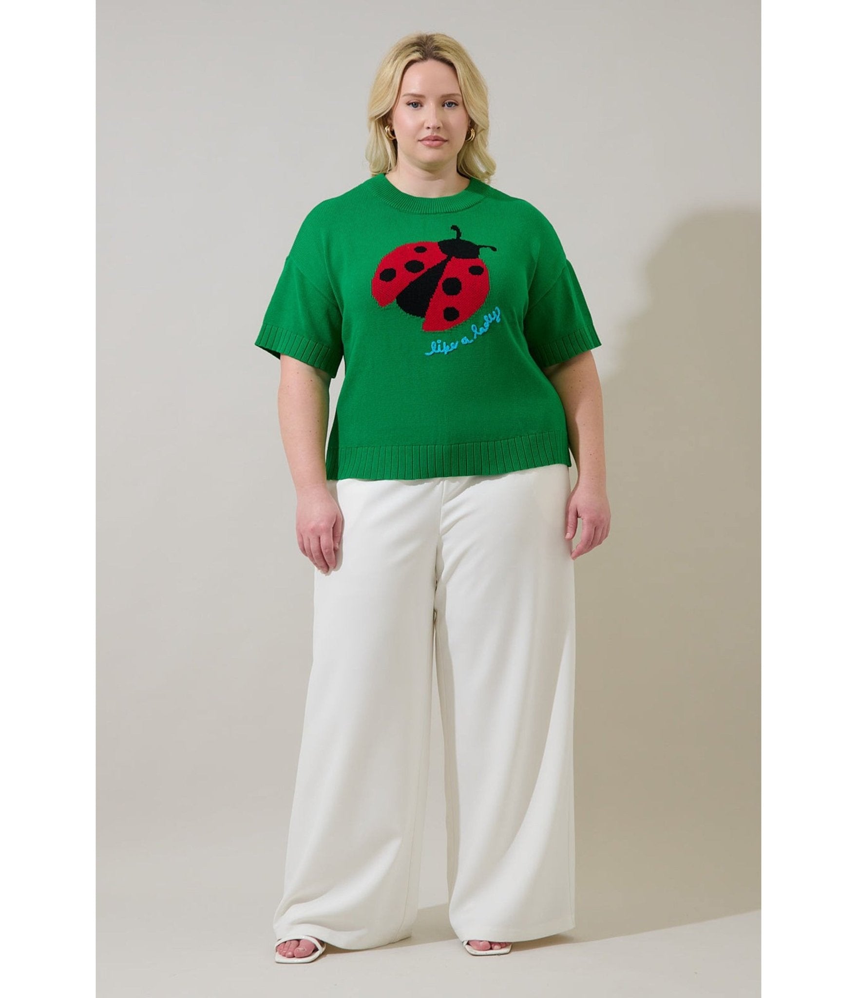 Plus Size Green Ladybug Drop Shoulder Sweater - Unique Vintage - Womens, TOPS, SWEATERS