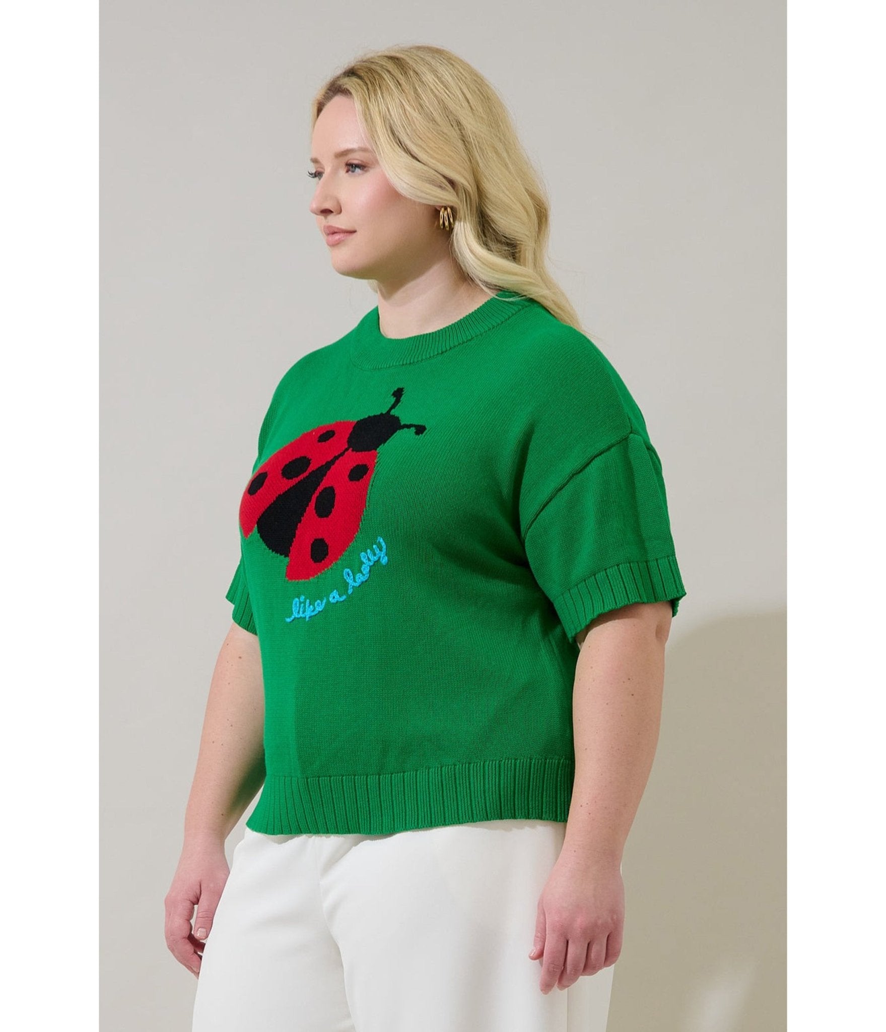 Plus Size Green Ladybug Drop Shoulder Sweater - Unique Vintage - Womens, TOPS, SWEATERS