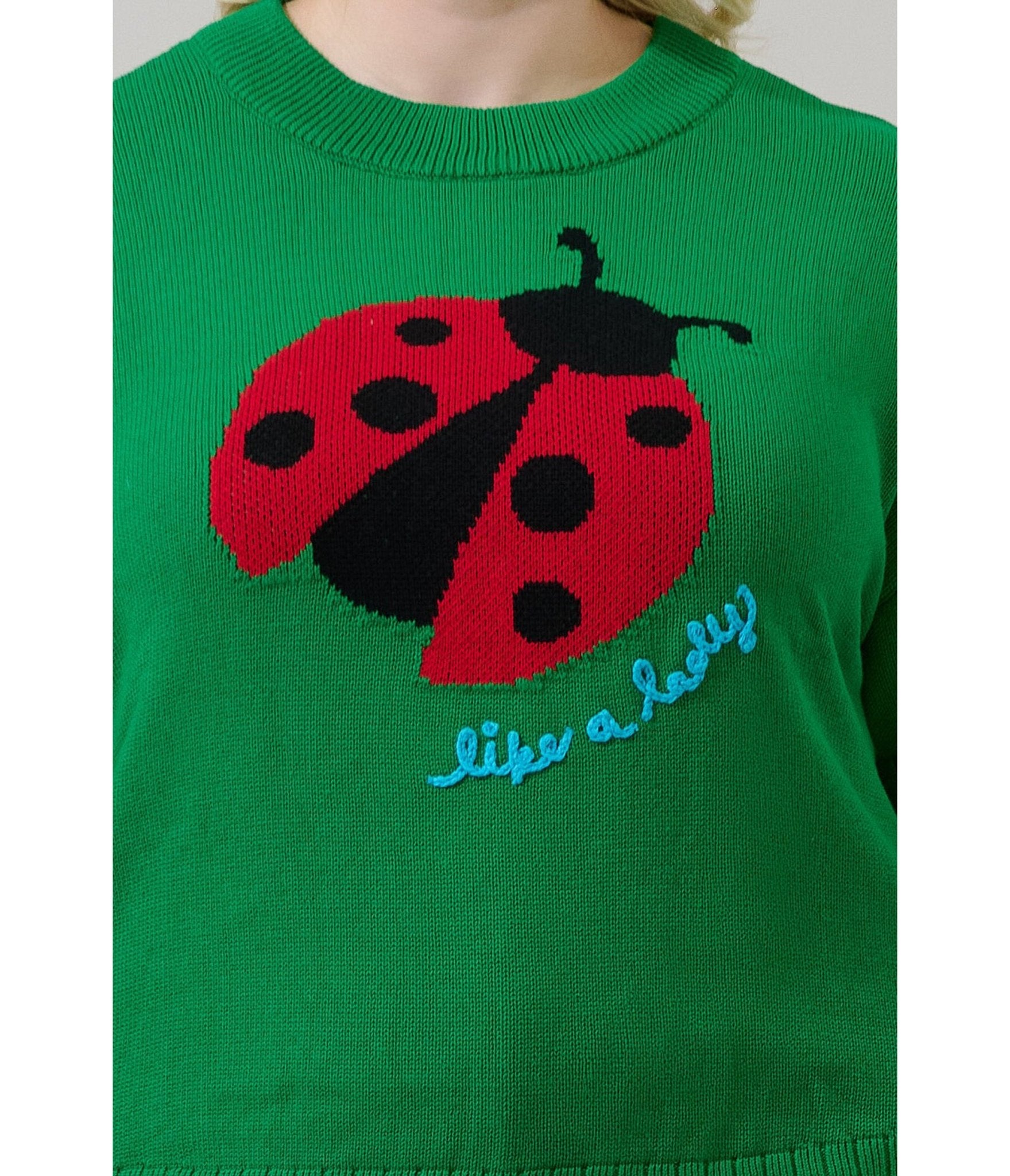 Plus Size Green Ladybug Drop Shoulder Sweater - Unique Vintage - Womens, TOPS, SWEATERS