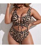 Plus Size Leopard Print Self Tie One Piece Swimsuit - Unique Vintage - Womens, SWIM, 1 PC