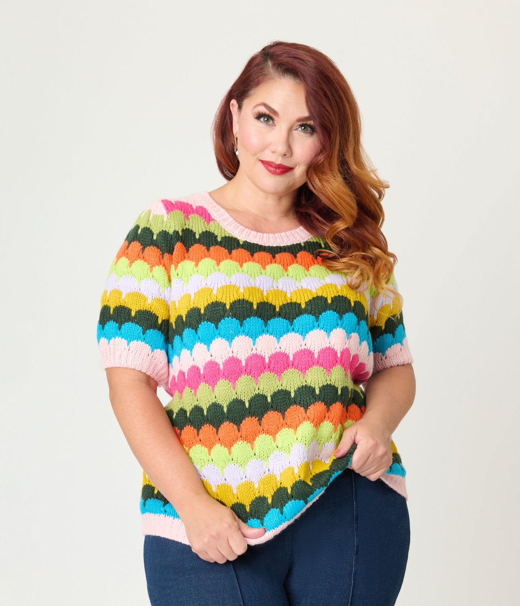 Plus Size Multicolor Fish Scale Pattern Knit Sweater - Unique Vintage - Womens, TOPS, KNIT TOPS