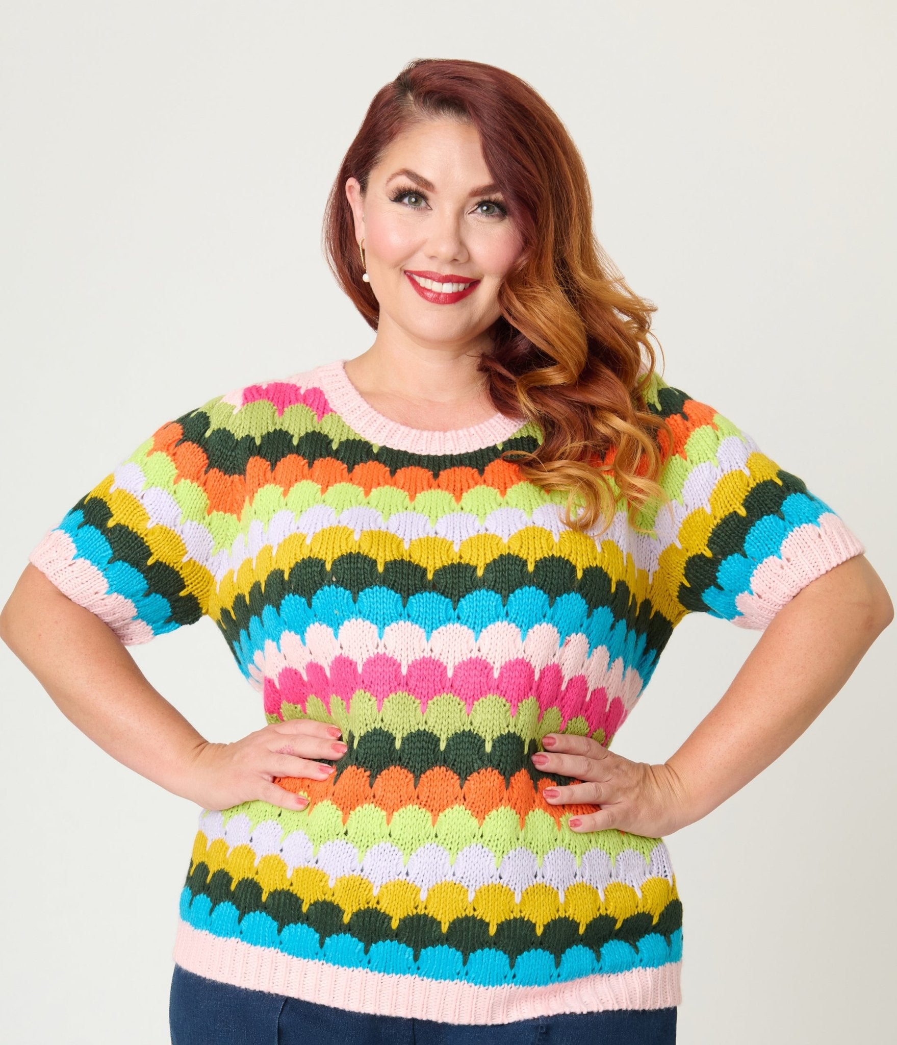 Plus Size Multicolor Fish Scale Pattern Knit Sweater - Unique Vintage - Womens, TOPS, KNIT TOPS
