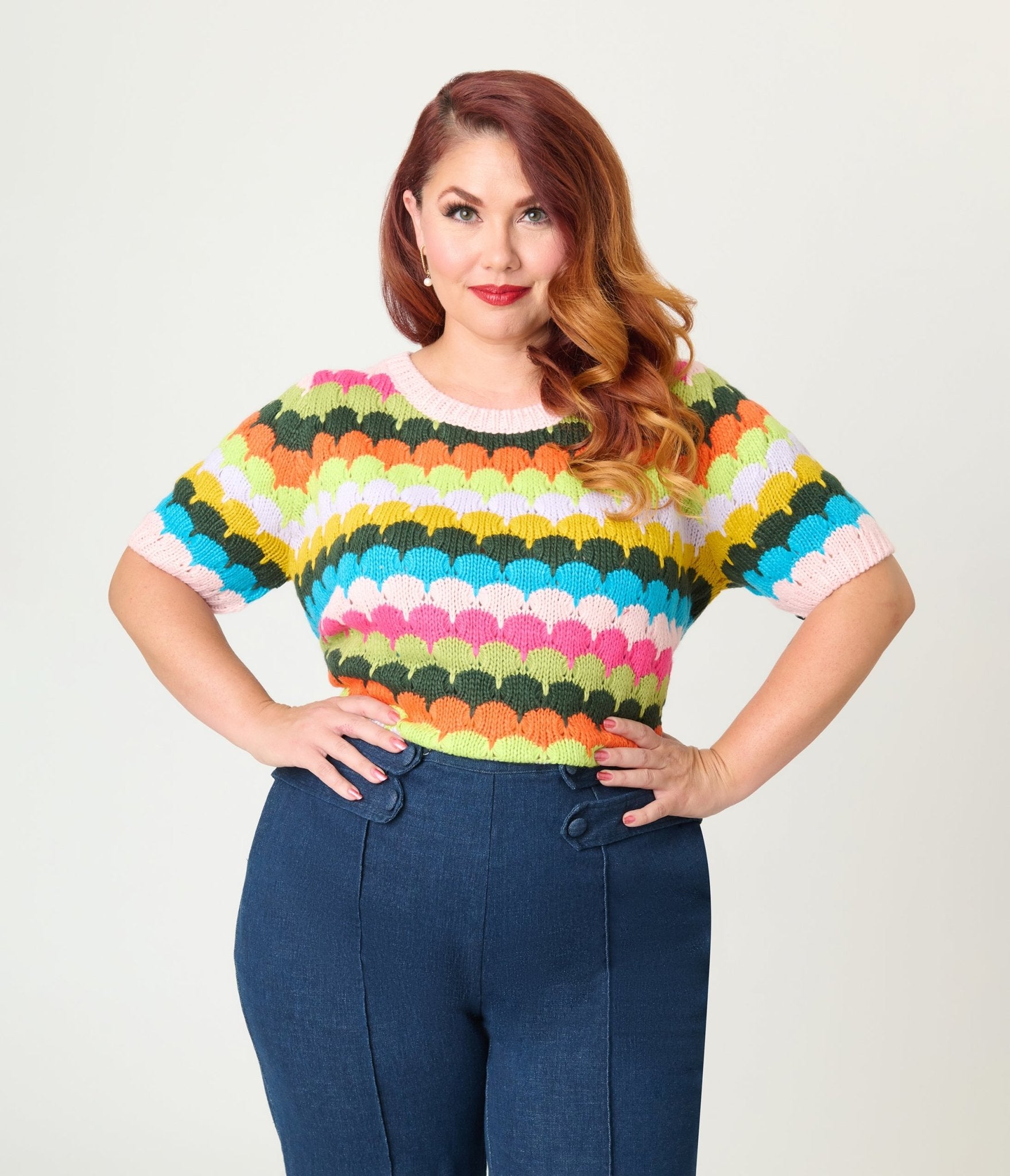 Plus Size Multicolor Fish Scale Pattern Knit Sweater - Unique Vintage - Womens, TOPS, KNIT TOPS