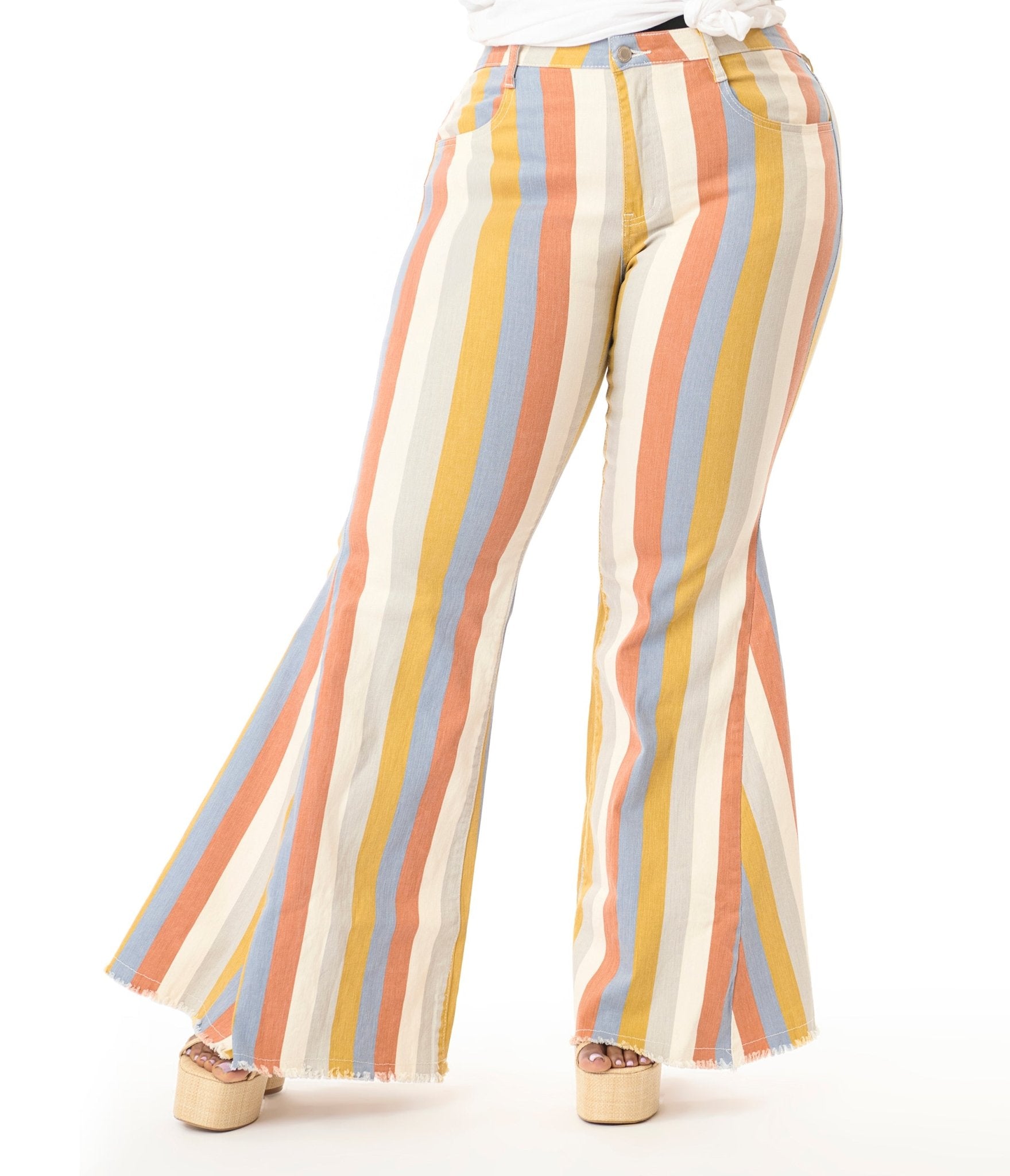 Plus Size Multicolor Striped Western Denim Bell Bottoms - Unique Vintage - Womens, BOTTOMS, PANTS