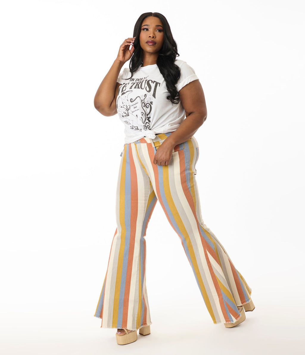 Plus Size Multicolor Striped Western Denim Bell Bottoms - Unique Vintage - Womens, BOTTOMS, PANTS