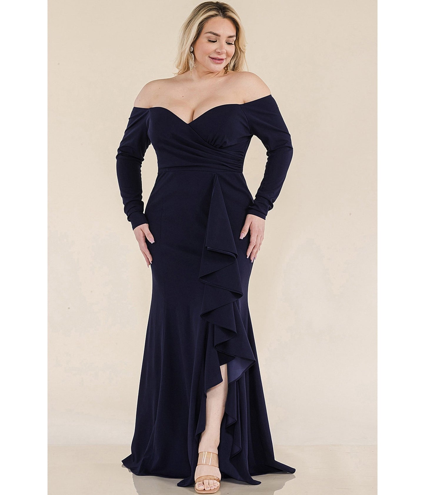 Plus Size Navy Off the Shoulder Ruffle Gown - Unique Vintage - Womens, DRESSES, MAXI