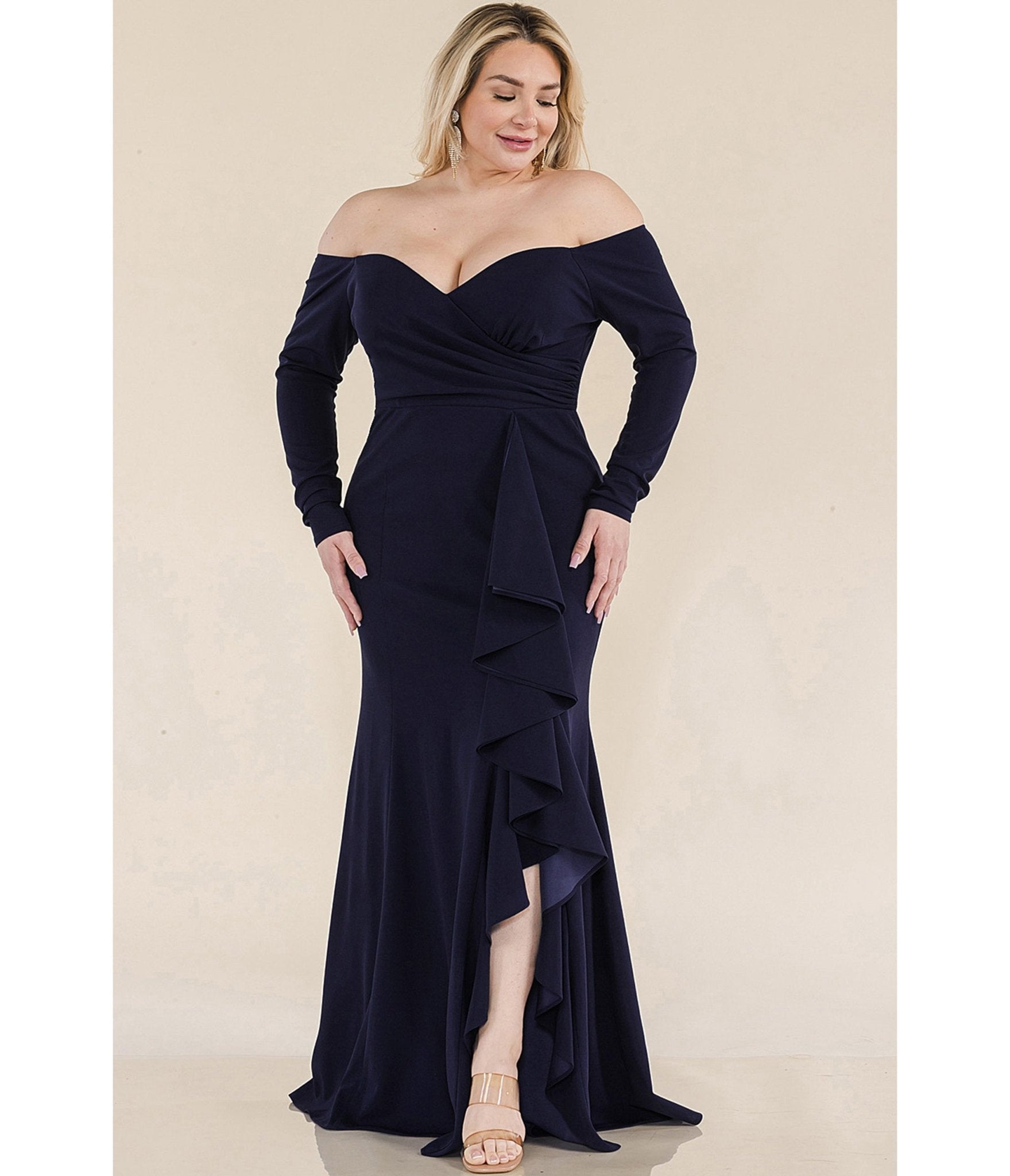 Plus Size Navy Off the Shoulder Ruffle Gown - Unique Vintage - Womens, DRESSES, MAXI