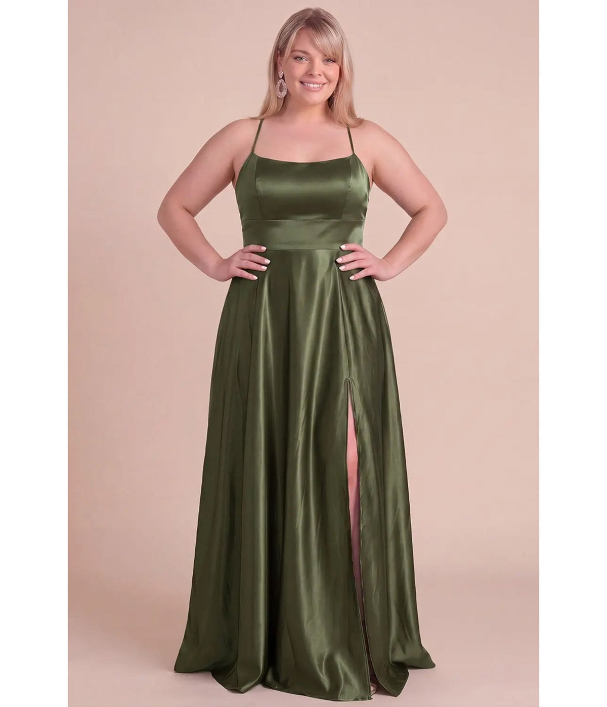Plus Size Olive Satin Lace-Up Back A-Line Maxi Dress - Unique Vintage - Maxi Dresses