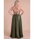Plus Size Olive Satin Lace-Up Back A-Line Maxi Dress - Unique Vintage - Maxi Dresses