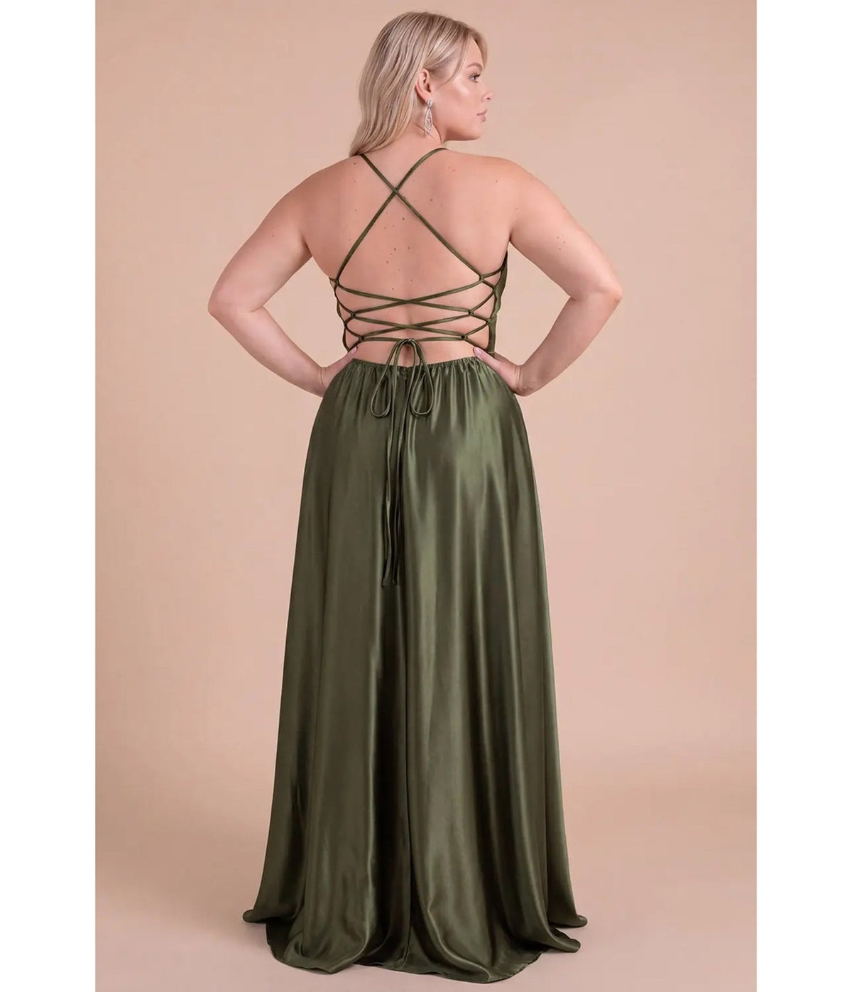 Plus Size Olive Satin Lace-Up Back A-Line Maxi Dress - Unique Vintage - Maxi Dresses