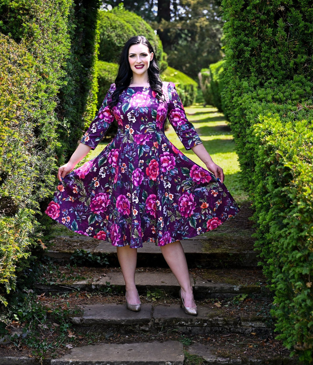 Plus Size Purple Floral Bea Swing Dress - Unique Vintage - Womens, DRESSES, SWING