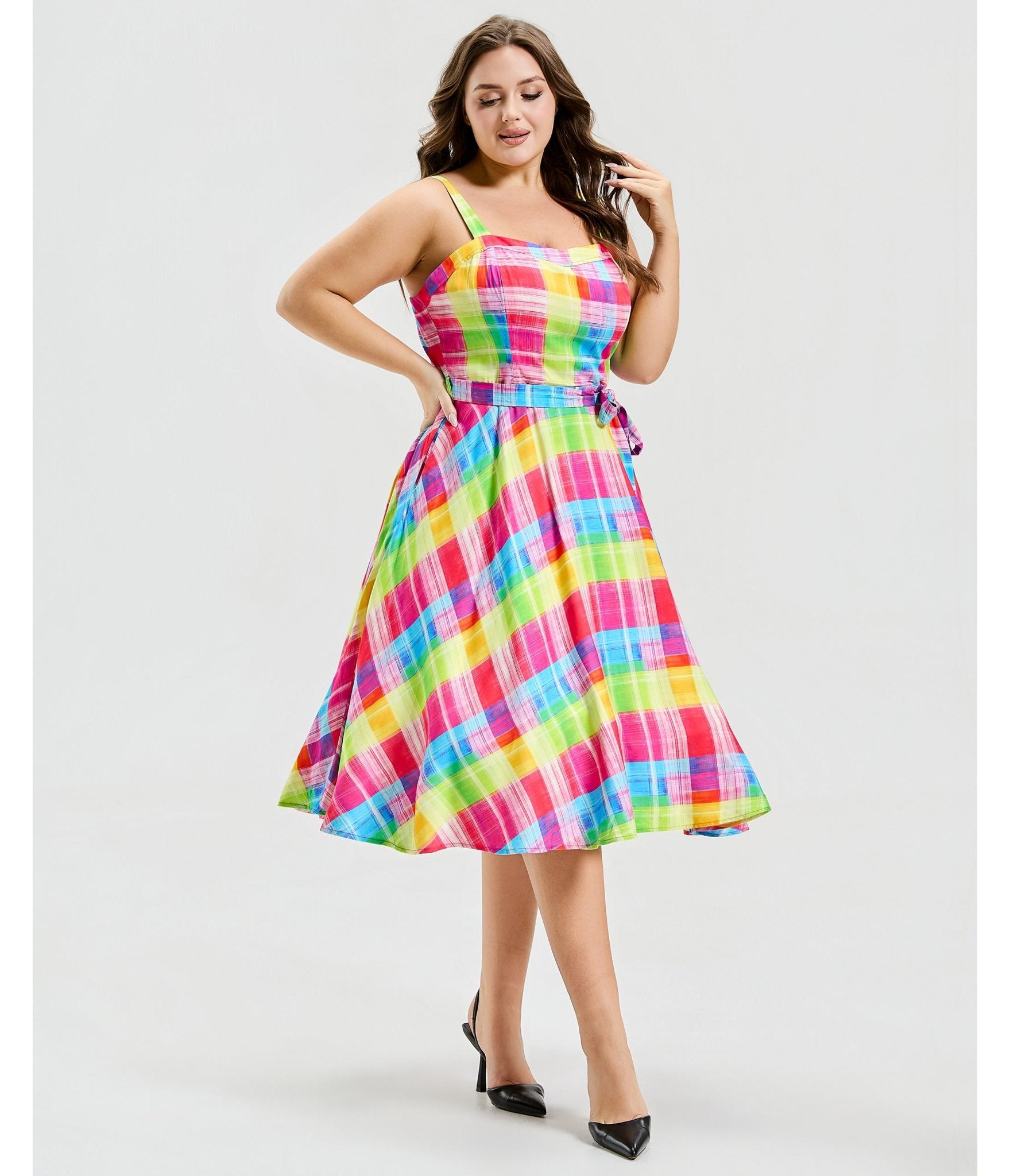 Plus Size Rainbow Plaid Lori Swing Dress - Unique Vintage - Womens, DRESSES, SWING
