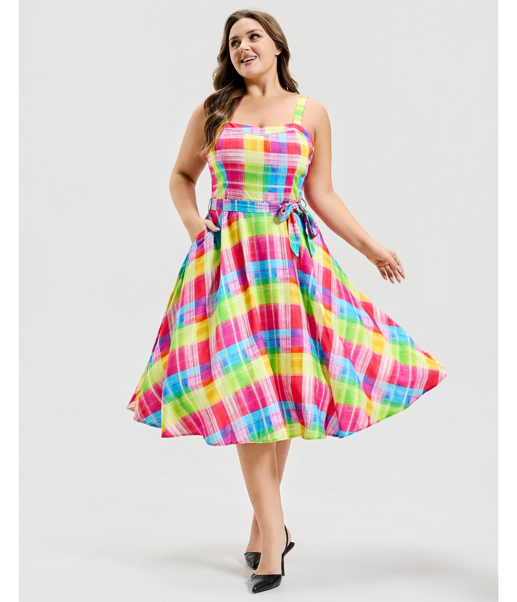 Plus Size Rainbow Plaid Lori Swing Dress - Unique Vintage - Womens, DRESSES, SWING