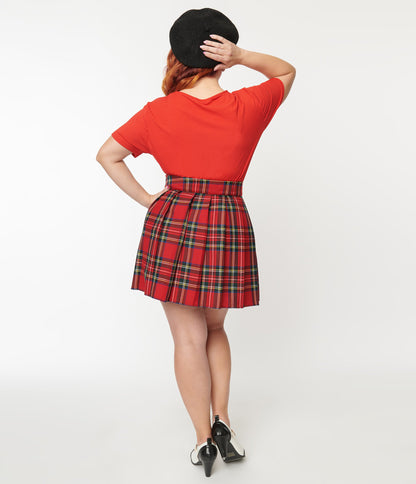 Plus Size Red Plaid Pleated Mini Skirt - Unique Vintage - Womens, BOTTOMS, SKIRTS