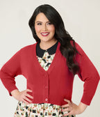 Plus Size Red Three Quarter Sleeve Crop Cardigan - Unique Vintage - Womens, TOPS, SWEATERS