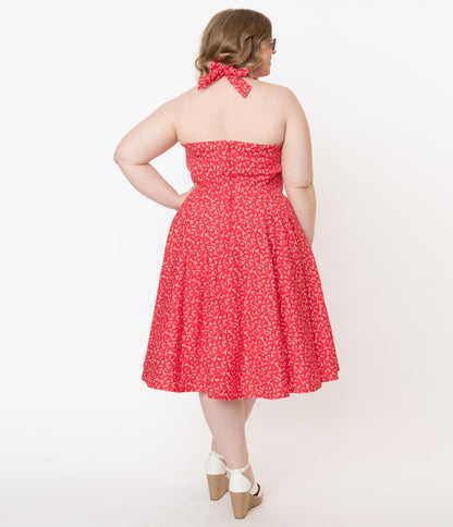 Plus Size Retro Red & White Floral Halter Kimberley Swing Dress - Unique Vintage - Womens, DRESSES, SWING