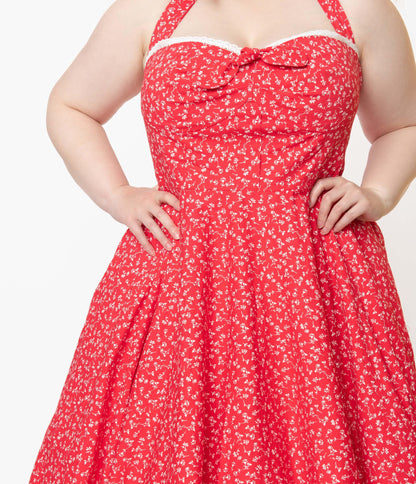 Plus Size Retro Red & White Floral Halter Kimberley Swing Dress - Unique Vintage - Womens, DRESSES, SWING