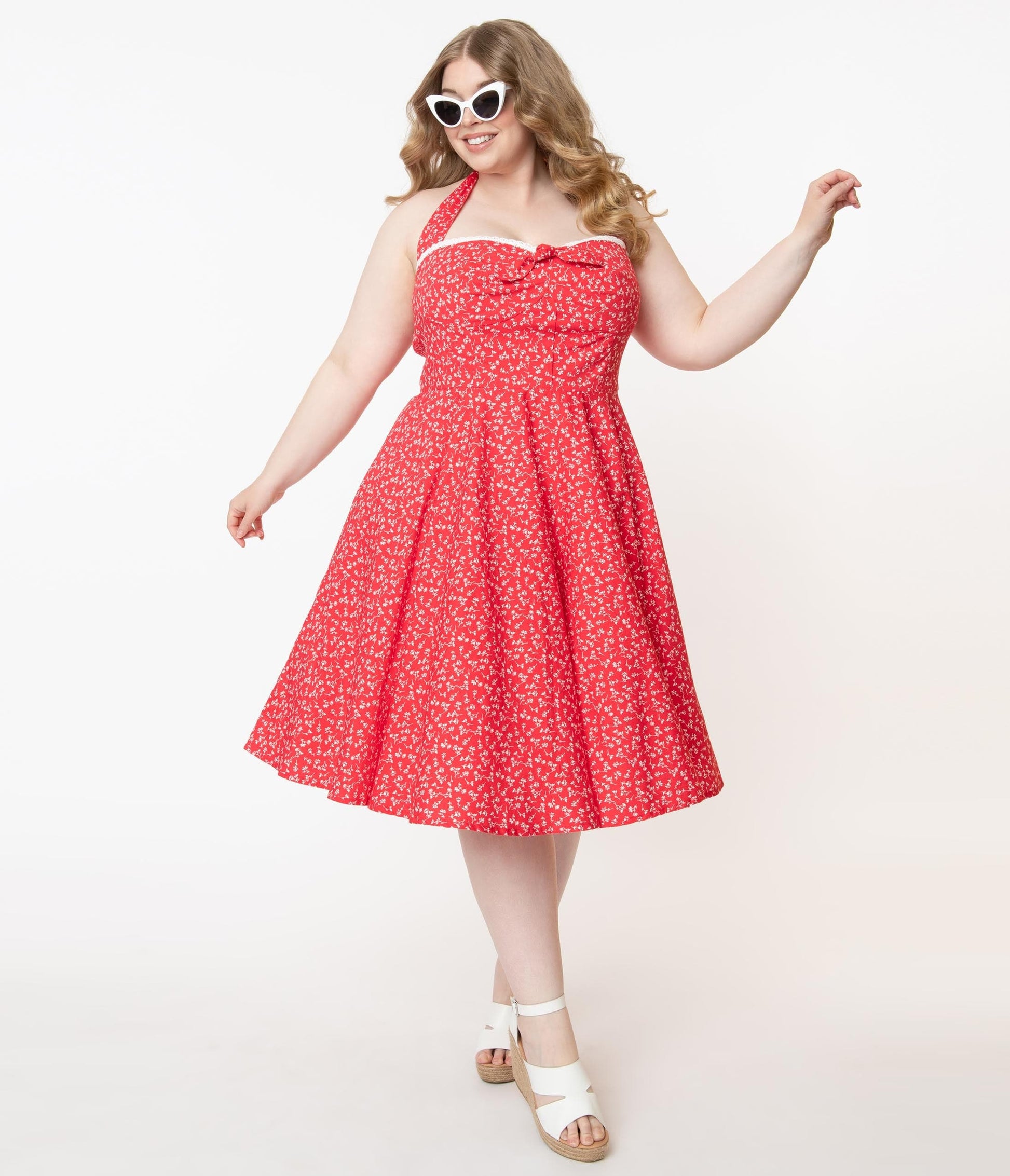 Plus Size Retro Red & White Floral Halter Kimberley Swing Dress - Unique Vintage - Womens, DRESSES, SWING