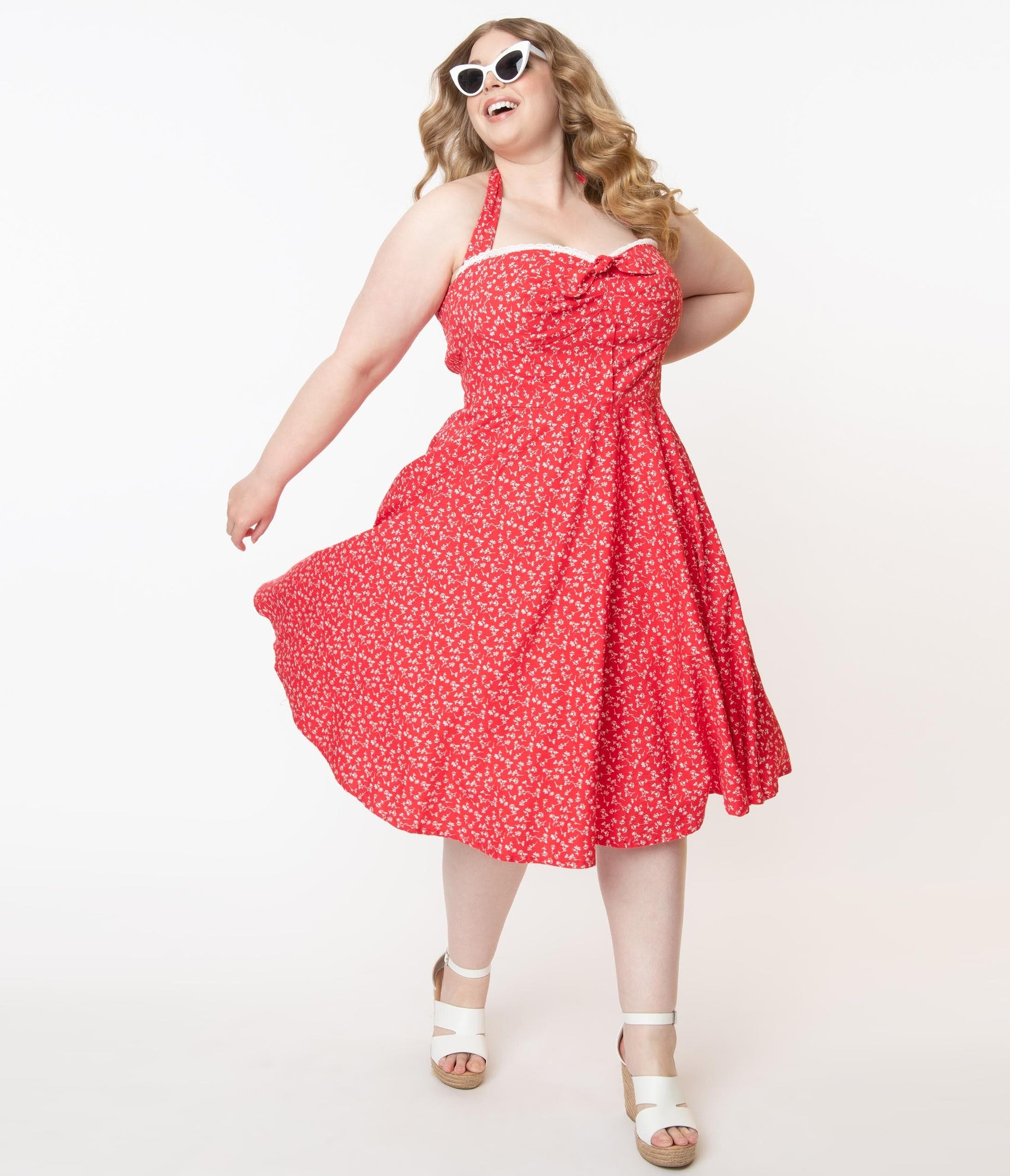 Plus Size Retro Red & White Floral Halter Kimberley Swing Dress - Unique Vintage - Womens, DRESSES, SWING